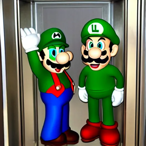 Prompt: Green Mario and Red Luigi in an Elevator