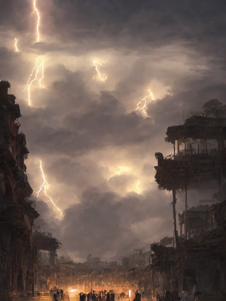 Image similar to epic scenery ancient city of troy under a sky full of lightning, intricate, elegant, volumetric lighting, digital painting, highly detailed, artstation, sharp focus, illustration, concept art, ruan jia, steve mccurry