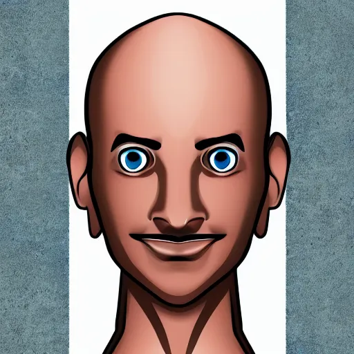 Prompt: Bald Man with square detailed eyes and symmetrical detailed nose, smiling with detailed lips with ridges and blue hair