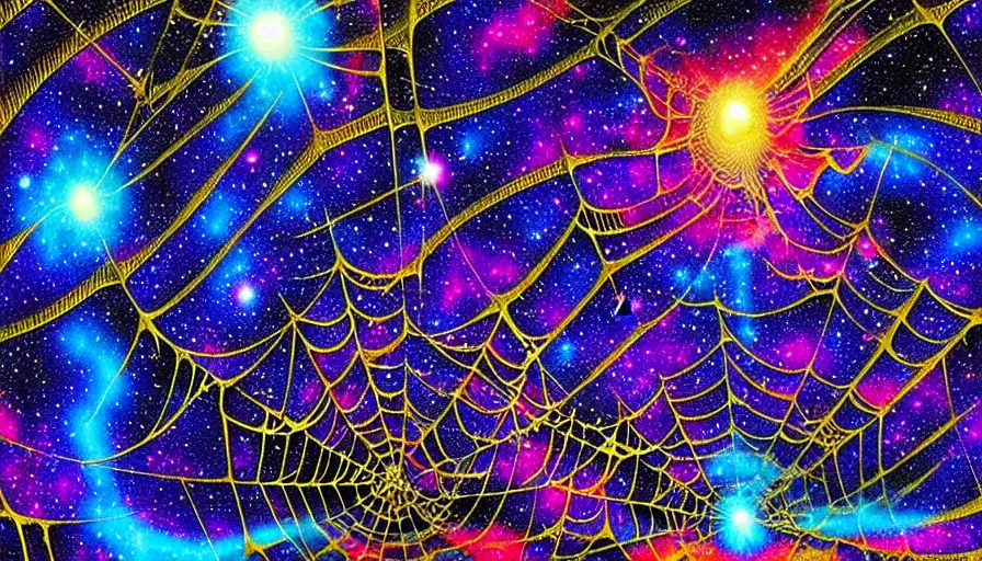 Prompt: a galaxy exploding, psychedelic colors, a blacksmith swinging his hammer at his forge, realistic reflections, body building blacksmith, stars, psychedelic patterns, fractal, rippling fabric of reality, the spider that weaves the web of time, sharpen lines, 1984 poster