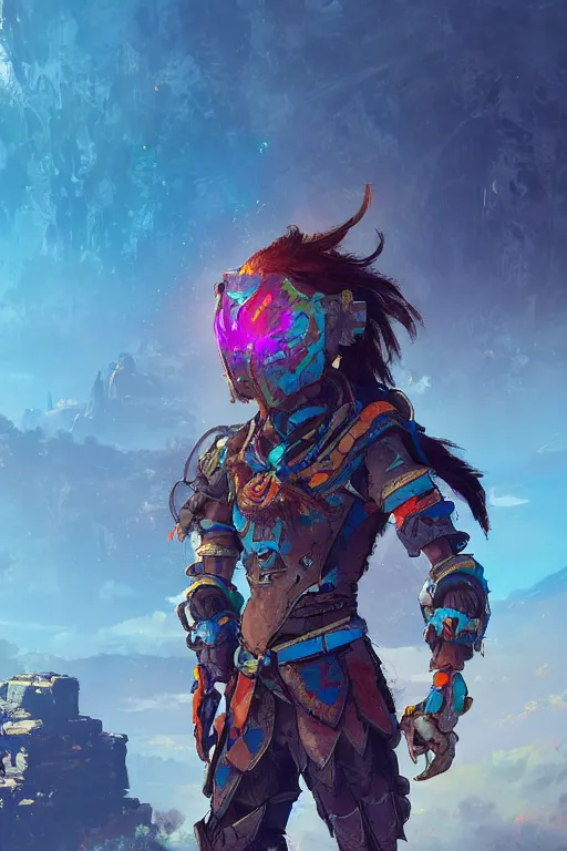 Image similar to combination suit armor aloy horizon forbidden west horizon zero dawn radiating a glowing aura global illumination ray tracing hdr fanart arstation by ian pesty and alena aenami artworks in 4 k tribal robot ninja mask helmet backpack