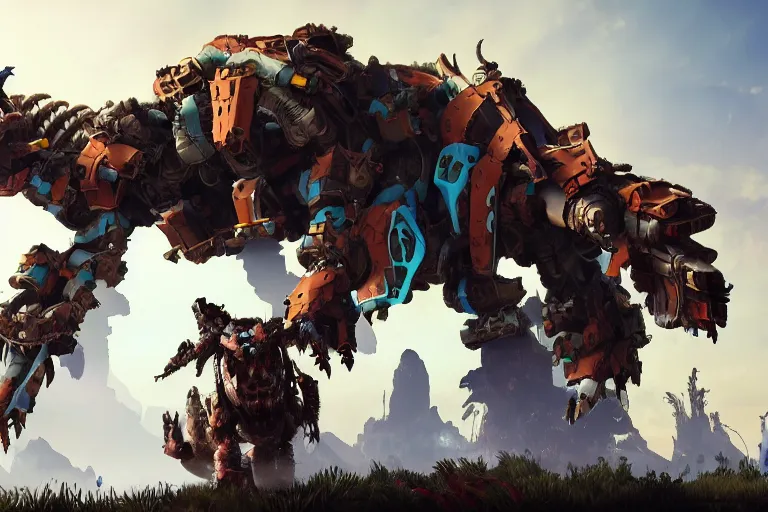 Image similar to behemoth machine mecha animal beast robot of horizon forbidden west horizon zero dawn bioluminiscence global illumination ray tracing hdr fanart arstation by sung choi and eric pfeiffer and gabriel garza and casper konefal