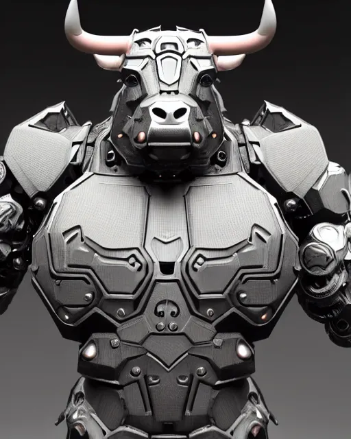 Prompt: a full body shot of a imposing cyborg ( bull ) modeled after a bull with open eyes looking into the camera, intricate pattern, hard rubber chest, highly detailed, android, cyborg, full body shot, intricate, 3 d, hyper realism, symmetrical, octane render, strong bokeh, fantasy, highly detailed, digital art, artstation