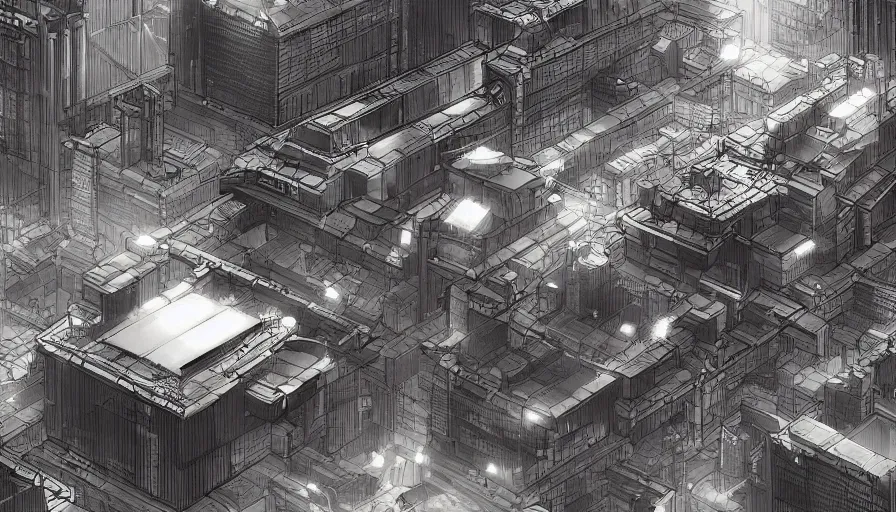 Image similar to Concept Art Illustration of neo-Tokyo Bank Headquarters, in the Style of Akira, Syndicate Corporation, Anime, Dystopian, Highly Detailed, Helipad, Special Forces Security, Blockchain Vault, Searchlights, Shipping Docks, For Stealth fps bank robbery sim, Inspired by MGS2 + Ghost in the shell SAC + Cowboy Bebop :2 by Katsuhiro Otomo : 8