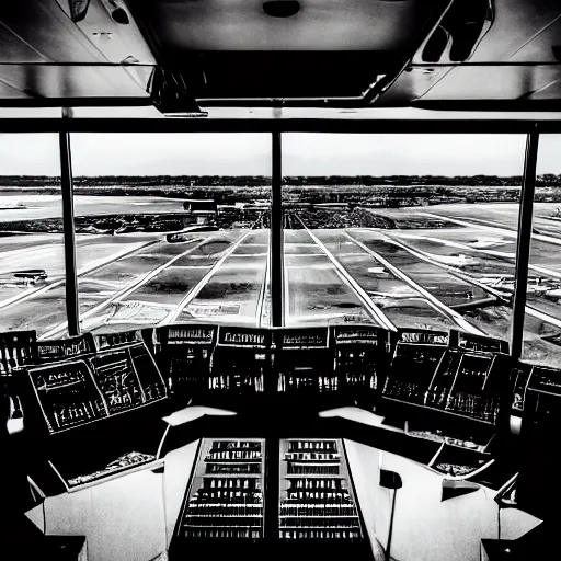 Image similar to inside of an aircraft control tower with windows looking out to an airport, black and white, comic book style, insanely detailed, very intricate, high contrast