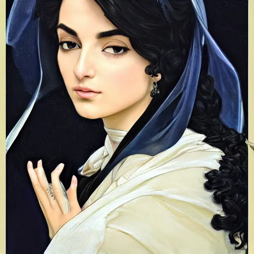 Image similar to Ameera al-Taweel, blue eyes, wavy black hair, white veil, highly detailed, digital painting, artstation, concept art, smooth, sharp focus, illustration, ArtStation, art by artgerm and greg rutkowski and alphonse mucha and J. C. Leyendecker and Edmund Blair Leighton and Katsuhiro Otomo and Geof Darrow and Phil hale and Ashley wood and Ilya repin and Charlie Bowater