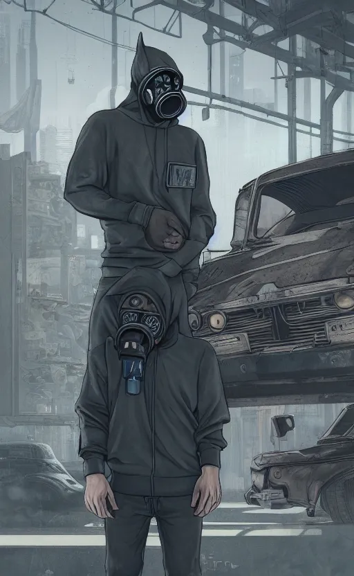 Prompt: wolf gang, cyberpunk, gray hoodie, photo group, old car, abandoned warehouse, weapon, drugs, flex, relative position, gasmask, non fiction stability, intricate, elegant, 8 k, uhd, justify, artstation, concept art, matte, sharp focus, illustration, consistent, one object content, proportional object content