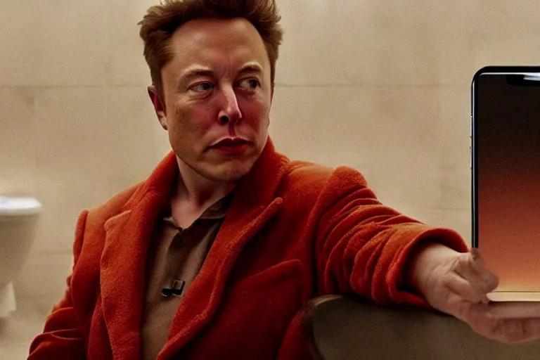 Image similar to hyperrealism aesthetic ridley scott and denis villeneuve style photography of a detailed giant elon musk, siting on a detailed ultra huge toilet and scrolling his smartphone in hyperrealism scene from detailed art house movie in style of alejandro jodorowsky and wes anderson