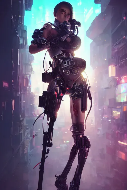 Image similar to beautiful illustration of a cyborg mercenary girl holding a rifle, art by wlop, artgerm, liam wong, upper body, cyberpunk, neon, elegant, highly detailed, trending on artstation, sharp focus, caustics, octane render, radiant light, 4 k