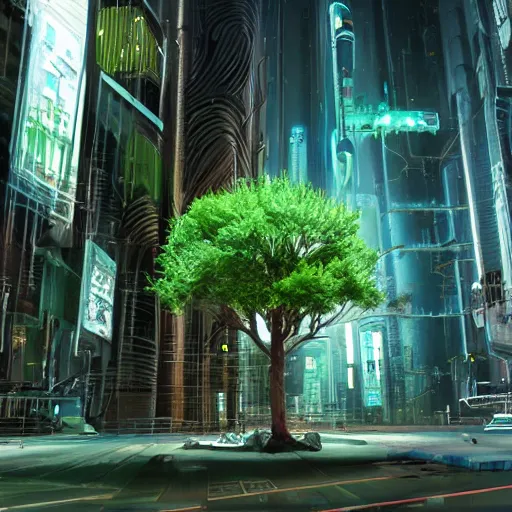 Prompt: cyberpunk dystopia with robotic trees