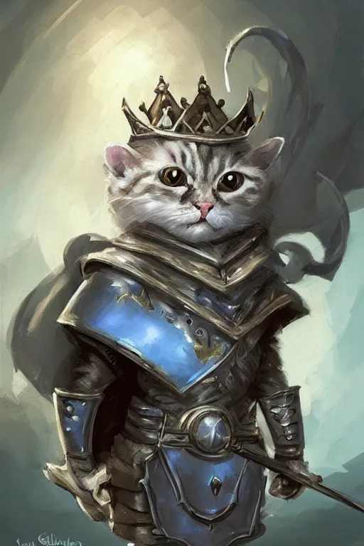 Image similar to cute little anthropomorphic cat knight wearing a cape and a crown, tiny, small, miniature cat , baby animal, short, pale blue armor, cute and adorable, pretty, beautiful, DnD character art portrait, matte fantasy painting, DeviantArt Artstation, by Jason Felix by Steve Argyle by Tyler Jacobson by Peter Mohrbacher, cinematic lighting