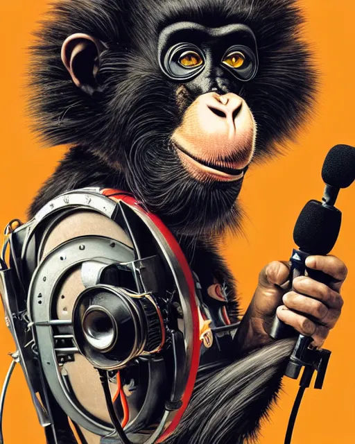 Image similar to a portrait of an anthropomorphic cyberpunk rockstar chimp singing into a microphone on a stand by sandra chevrier, by jon foster, detailed render, tape deck, epic composition, cybernetics, 4 k realistic, cryengine, realistic shaded lighting, sharp focus, masterpiece, by enki bilal