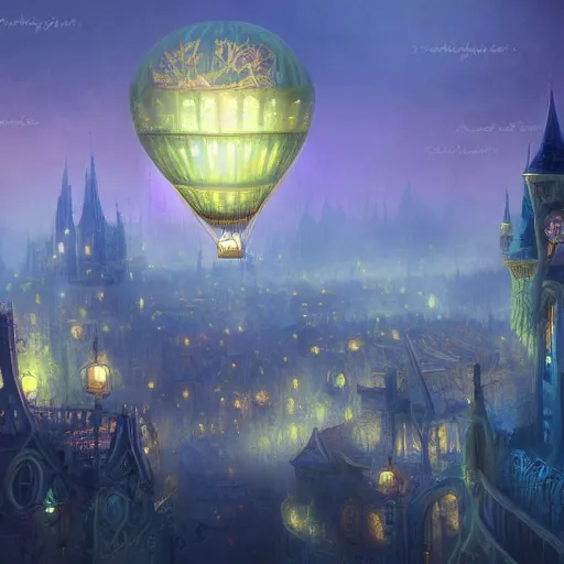 Image similar to a beautiful stunning fantasy whimsical matte digital illustration of a scene of a hot - air balloon powered by magic over a lit city at night by marc simonetti, pastel color palette, disney magic the gathering steampunk, chiaroscuro magical bokeh moon stars dramatic romantic epic breathtaking, trending on artstation hq, masterpiece
