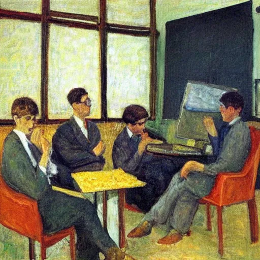 Prompt: a bonnard painting of software engineers in an office meeting