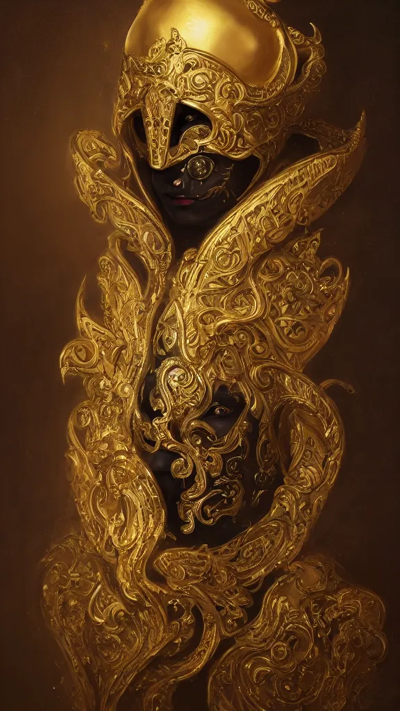 Image similar to black decadent hood, gold intricately detailed ornate metal mask, ornate background, portrait, realism, cinematic lighting, specular lighting, 8 k, artstation, octane render, peter mohrbacher, alfonso mucha, zdzisław beksinski