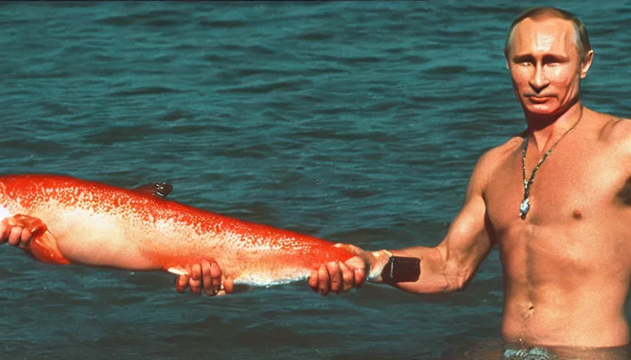 Image similar to 7 0 s movie still of putin in speedo, proudly holding a salmon, focus on eyes. cinestill 8 0 0 t _ 3 5 mm eastmancolor, heavy grain, high quality, high detail