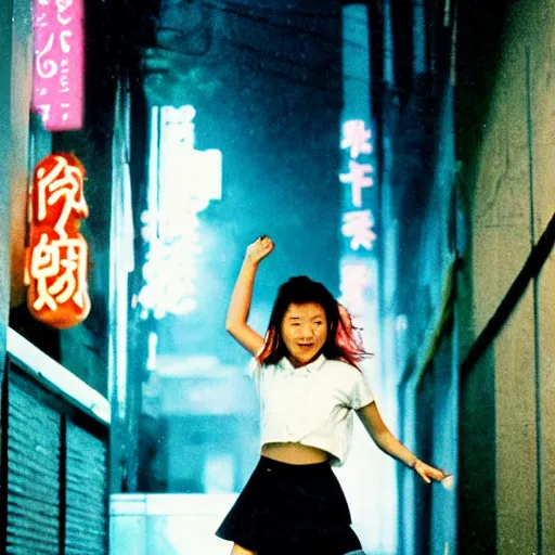 Image similar to 1990s perfect 8K HD professional cinematic photo of close-up japanese schoolgirl jumping in dystopian alleyway with neon signs, at evening during rain, at instagram, Behance, Adobe Lightroom, with instagram filters, depth of field, taken with polaroid kodak portra