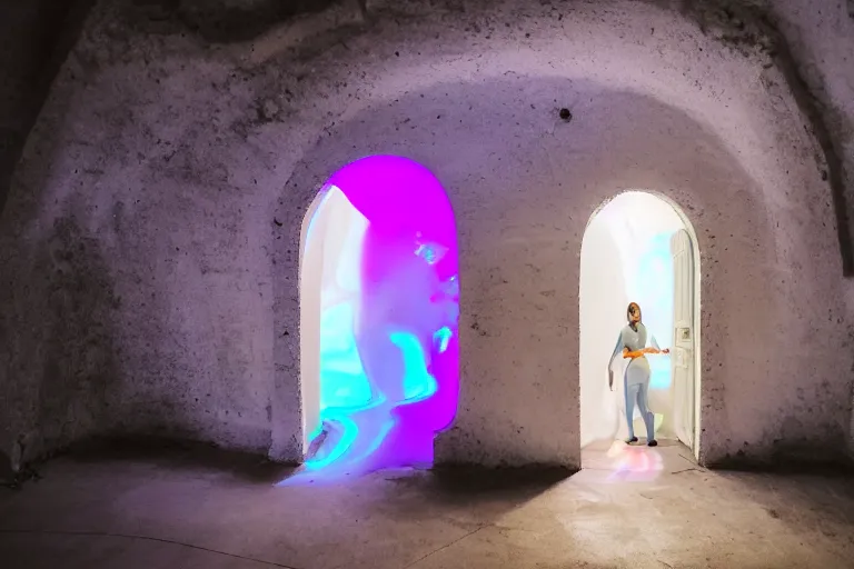 Prompt: A photograph of a woman standing in a snail-shaped interior space with her back to the camera， an arched door glowing white at the end, neon colors,F3.5,ISO640,18mm,1/60,Canon EOS 90D.