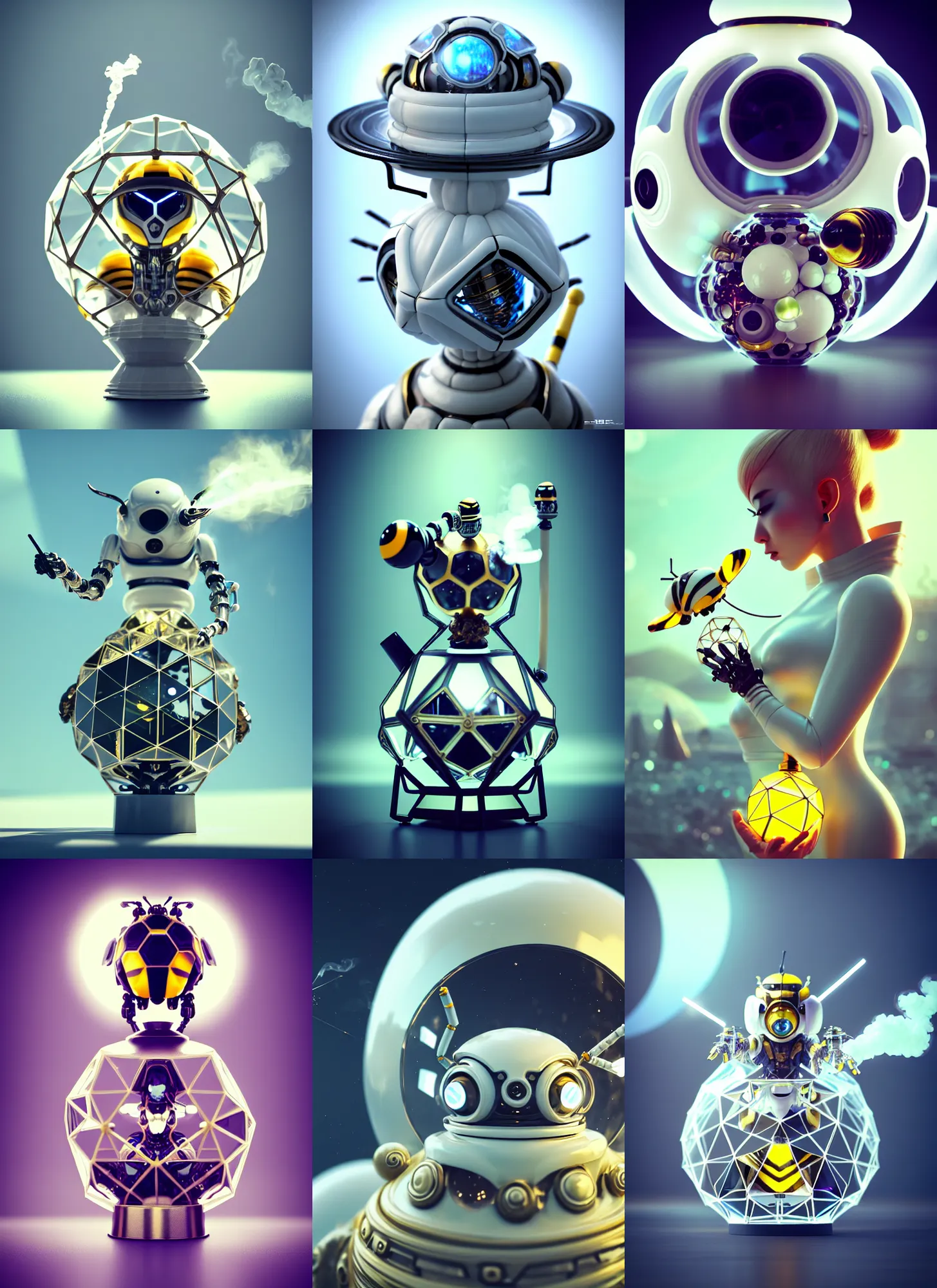 Prompt: white kawaii alien obsidian bumblebee edm cyborg smoking geodesic bong | ornate | glamorous oily soft polished rich enticing ornate modern | weta disney pixar movie still photo | hi - fructose, sci fi fantasy, golden ratio details, smooth, octane render, sharp focus, artstation, concept art | beeple, feng zhu, mucha, rutkowski |