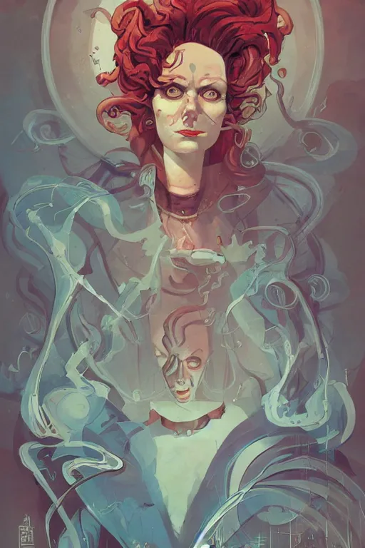 Prompt: portrait of mad lady scientist, stylized illustration by peter mohrbacher, moebius, juan gimenez, colorful comics style,