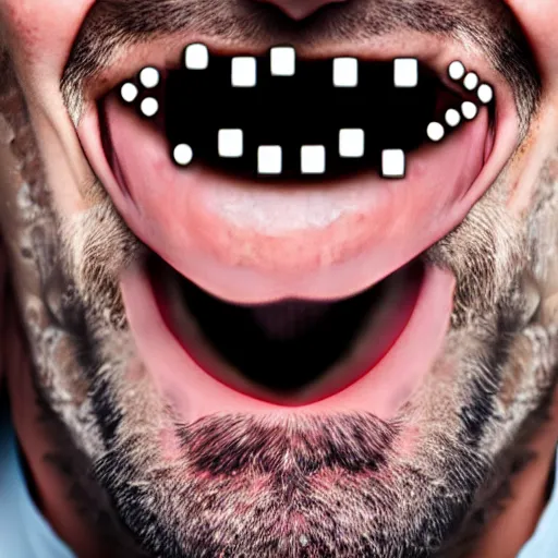 Image similar to photograph of smiling man with christian crosses inside his mouth, 8k resolution, high detail, ULTRA REALISTIC VFX, reflections