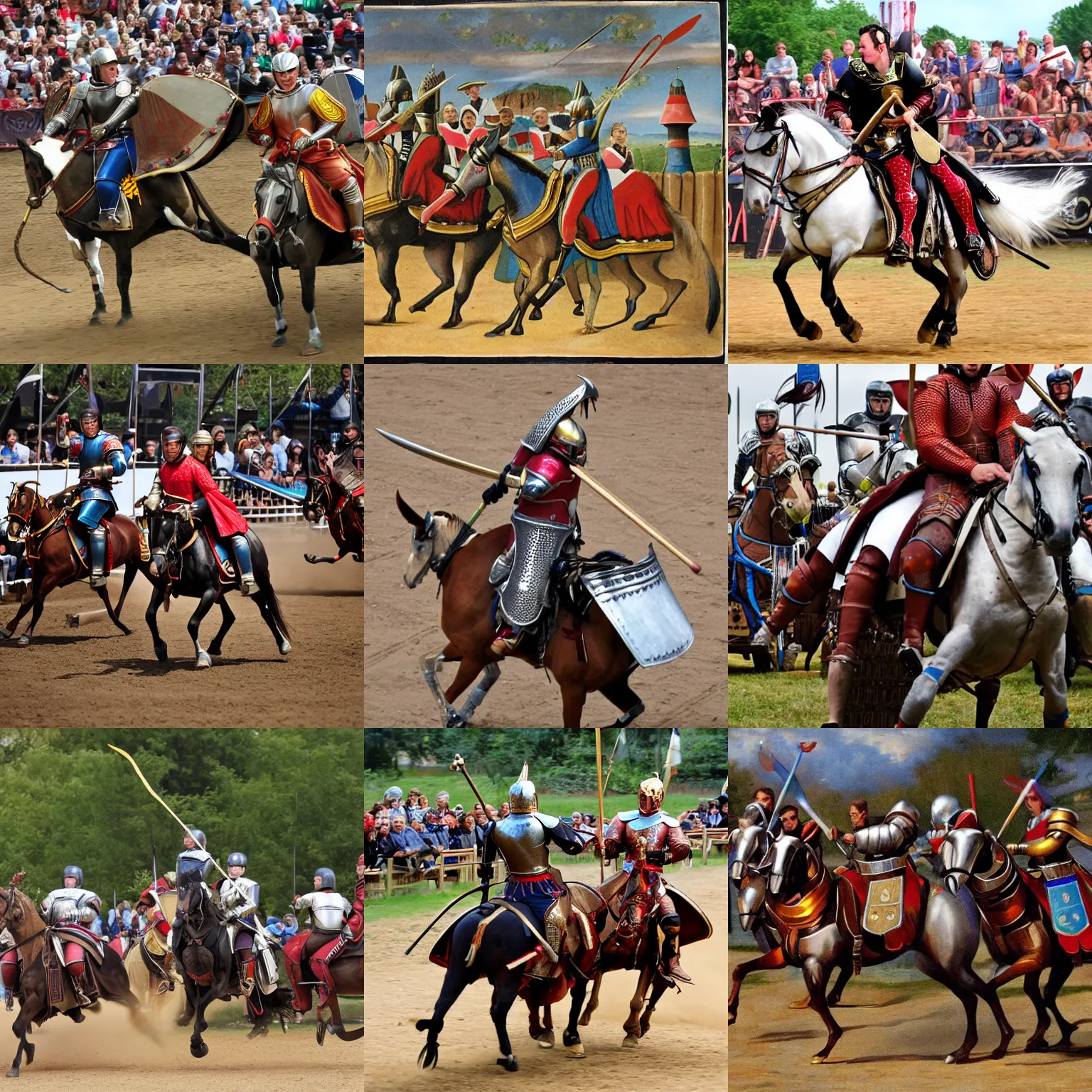 Prompt: jousting, riders, lances, tournament, dramatic