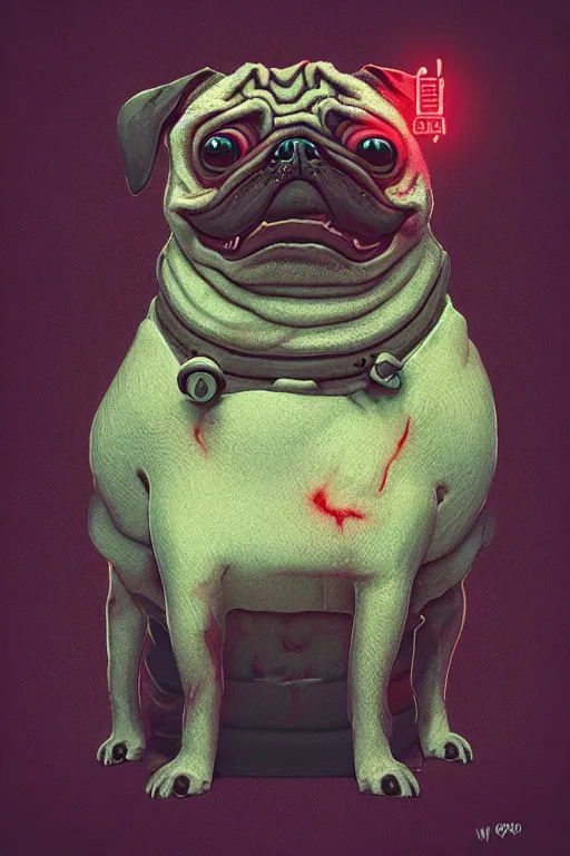 Image similar to demon pug eating flesh. art by mike winkelmann, sticker, illustration, highly detailed, artstation