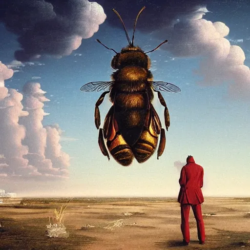 Image similar to hyperrealistic surrealism, David Friedrich, award winning masterpiece with incredible details, Zhang Kechun, a surreal vaporwave vaporwave vaporwave vaporwave vaporwave painting by Thomas Cole of a cyberpunk bee, highly detailed, trending on ArtStation