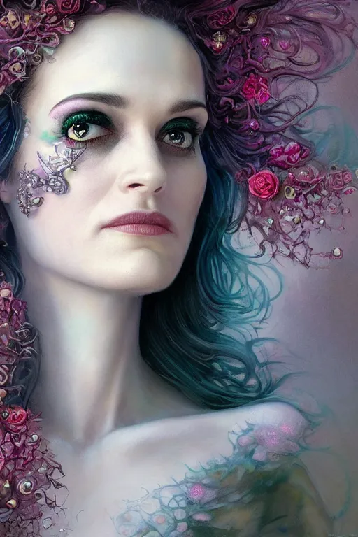 Image similar to closeup portrait shot of winona ryder as delirium of the endless, the sandman, the fairy queen, floral growth, thick fancy makeup, highly detailed, digital painting, artstation, concept art, soft focus, depth of field, artgerm, tomasz alen kopera, peter mohrbacher, donato giancola, wlop, boris vallejo