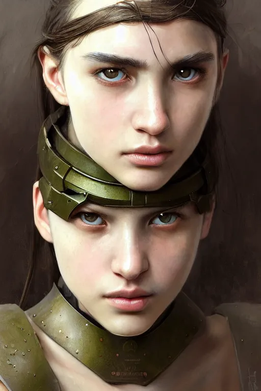 Image similar to a photorealistic painting of an attractive young girl, partially clothed in battle armor, olive skin, long dark hair, beautiful bone structure, symmetrical face, perfect eyes, intricate, elegant, digital painting, concept art, illustration, sharp focus, minimal artifacts, from Metal Gear, in the style of Ruan Jia and Mandy Jurgens, by Greg Rutkowski, trending on Artstation, award winning