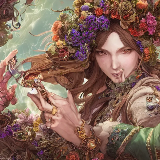 Image similar to the portrait of chaotic good female druid alchemist as absurdly beautiful, gorgeous, elegant, sophisticated happy woman, an ultrafine hyperdetailed illustration by kim jung gi, irakli nadar, intricate linework, sharp focus, bright colors, octopath traveler, final fantasy, unreal engine 5 highly rendered, global illumination, radiant light, detailed and intricate environment