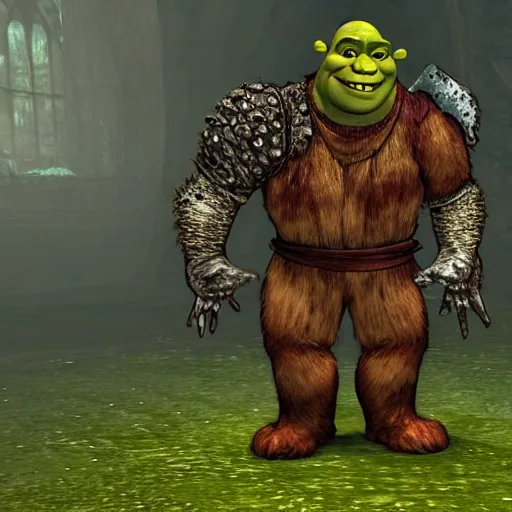 Prompt: Shrek as a Dark Souls boss