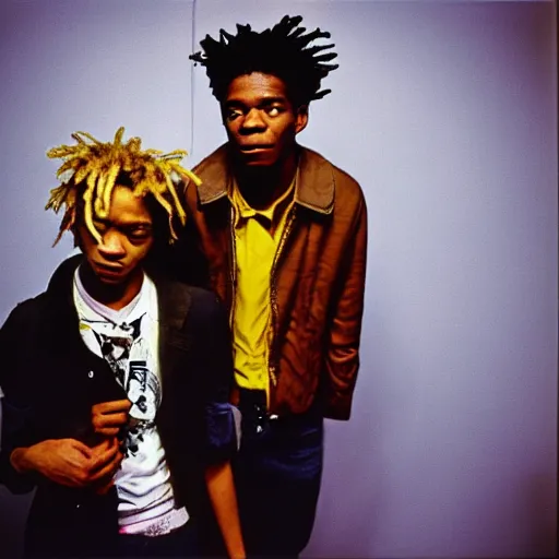 Image similar to medium format photo of jean - michel basquiat and kurt cobain photographed by annie leibovitz in a hi end photo studio, photorealistic, atmospheric,