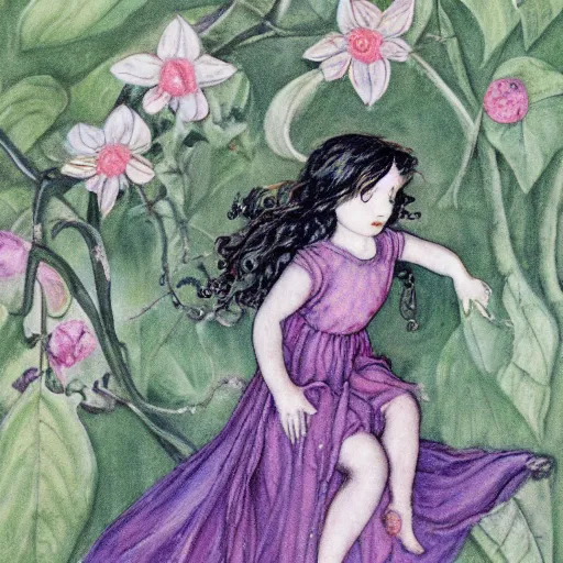 Prompt: nightshade belladonna fairy by Cicely Mary Barker-n 9