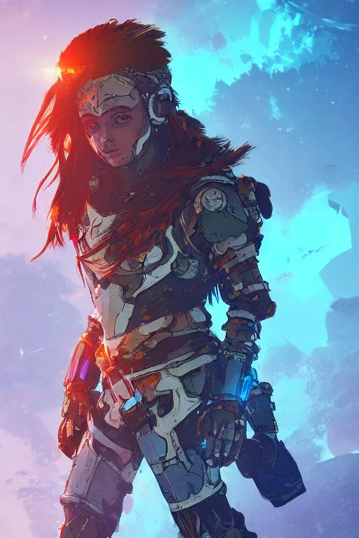 Image similar to combination suit armor aloy horizon forbidden west horizon zero dawn radiating a glowing aura global illumination ray tracing hdr fanart arstation by ian pesty and alena aenami artworks in 4 k tribal robot ninja mask helmet backpack