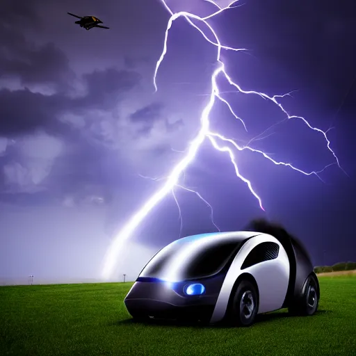 Image similar to futuristic flying car emerging from a circular portal made of lightning in the sky, thunderstorms at night, 8k 28mm cinematic photo