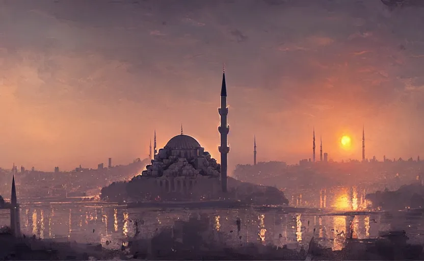 Image similar to painting of skyline of istanbul at sunset, natural light, concept art, by greg rutkowski, cozy atmospheric and cinematic lighting