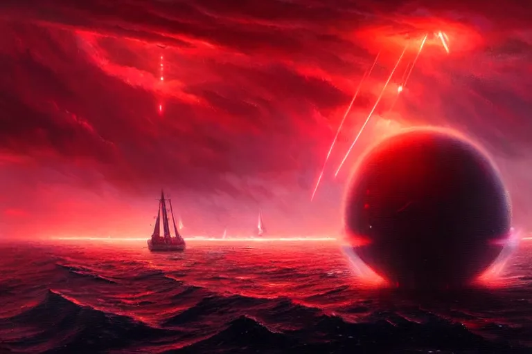 Image similar to A beautiful matte painting of huge spherical alien spaceship attacking with powerful red lasers a Sailship in ocean in thunderstorm, by greg rutkowski, trending on artstation, concept art