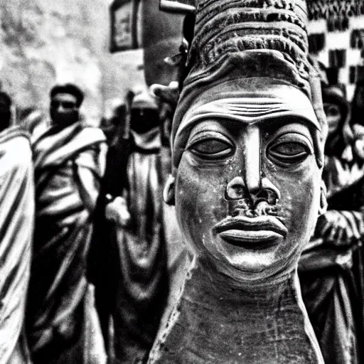 Prompt: mesopotamian protester face photo black and white wide angle lense