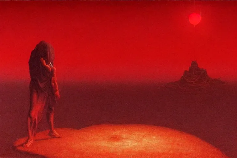 Image similar to only with red, a red shinigami eat apple, a city on mars in background, an ancient path, pathos, in the style of beksinski, part by hopper, part by rodcenko, part by hofbauer, intricate composition, red by caravaggio, insanely quality, highly detailed, masterpiece, red light, artstation