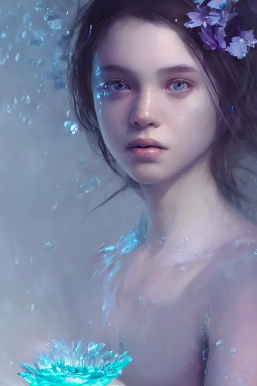 Prompt: face closeup a young beautiful girl drowned in water covered with ice crystals, 3 d render, hyper realistic detailed portrait, holding magic flowers, ruan jia, wlop. scifi, fantasy, hyper detailed, octane render, concept art, by peter mohrbacher, by wlop, by ruan jia