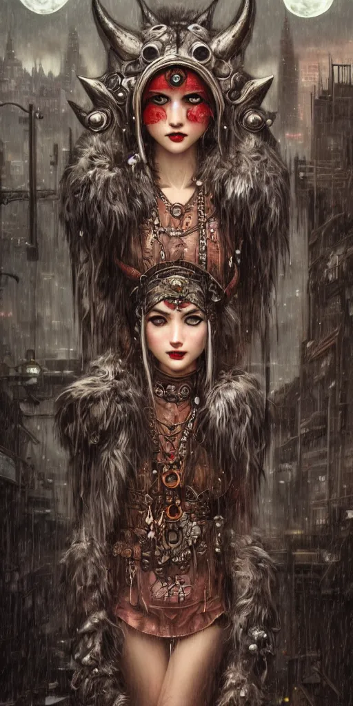 Image similar to hyper realistic Princess Mononoke, ornate mask, wet market street, rainy atmosphere, full moon, cyberpunk metropolis, city landscape, jewels, full body pose, wolves, style of tom bagshaw, mucha, james gurney, norman rockwell, denoised, sharp