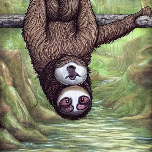 Prompt: a fantasy artwork of a sloth floating down stream