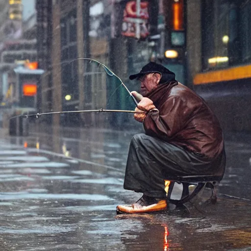 Image similar to closeup portrait of a man fishing in a rainy new york street, photography, natural light, Steve McCurry