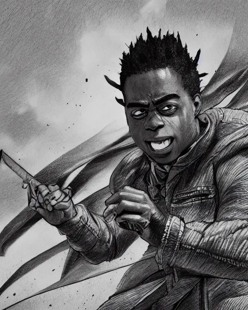 Image similar to a very detailed pencil drawing of kodak black in demon slayer manga panel, action lines, greg rutkowski, in field high resolution, dynamic pose, landscape, medium portrait, action, hyper realistic, manga, koyoharu gotouge, sakuga