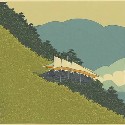 Prompt: tent on a mountian, kawase hasui