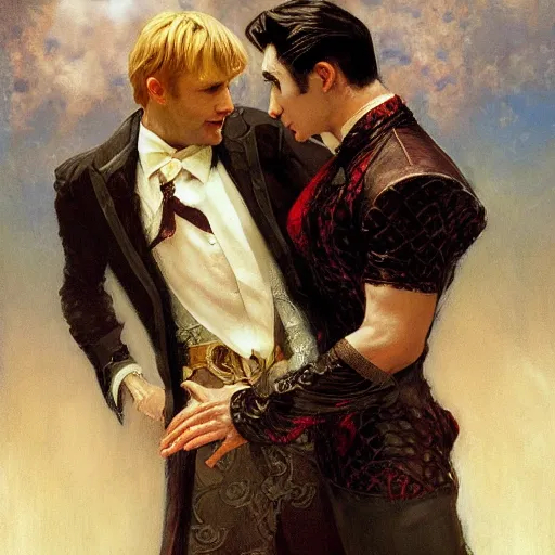 Image similar to attractive male, arthur pendragon confesses his love to attractive male dracula the vampire. highly detailed painting by gaston bussiere, craig mullins, j. c. leyendecker 8 k