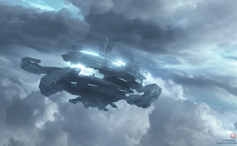 Prompt: an alien ship hovers above a thick layer of clouds, blue sky above, concept art, unreal engine 3d