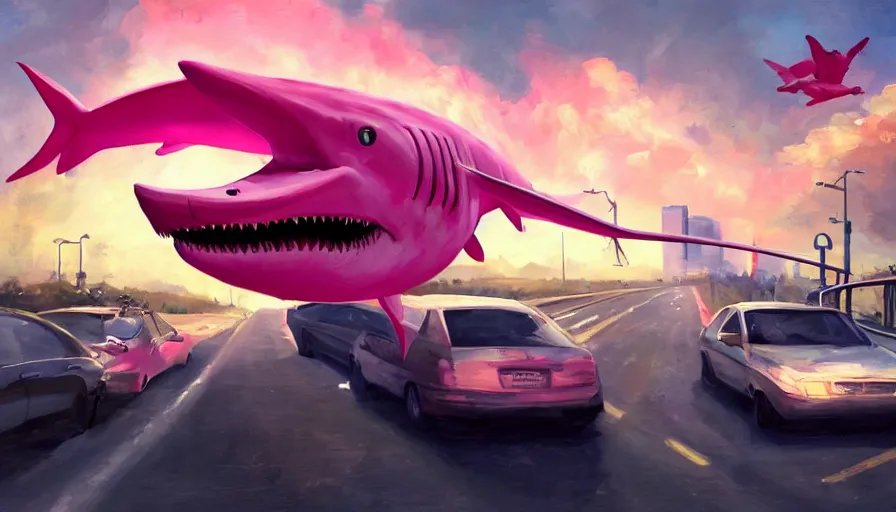 Prompt: an oil painting of a giant pink shark falling out of a blue sky onto cars on a busy bridge, artstation, cinematic lighting