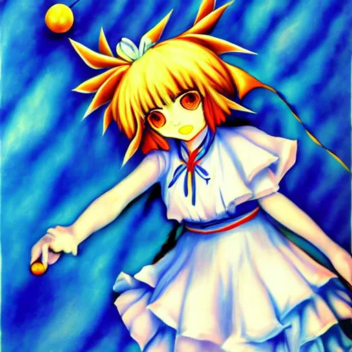 Image similar to cirno from touhou project in the style of salvador dali, painting, detailed, fine art, cute